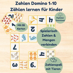 Pode incluir: Um jogo de dominó infantil com o texto "Zahlen Domino 1-10" e "Zählen lernen für Kinder". O jogo apresenta cartas com números e ilustrações de animais, projetadas para ajudar as crianças a aprender números e quantidades. O conjunto inclui 55 cartas.