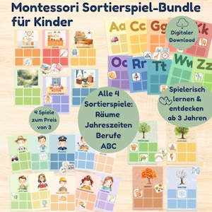 Montessori Sorting Game Bundle for Children Ages 3 and Up - ABC, Professions, Seasons & Rooms - Printable Matching Learning Games, Digital Download