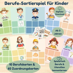 May include: A children's educational game with illustrated cards featuring various professions. The cards include images of a farmer, doctor, police officer, artist, chef, gardener, teacher, construction worker, firefighter, and hairdresser. The text on the cards is in German.