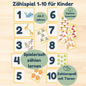 May include: A set of educational flashcards for children, numbered 1-10, each card displaying a number and a corresponding animal illustration. The cards are designed to help children learn to count. The text includes "Zählspiel 1-10 für Kinder", "Ab 3 Jahren", and "Digital Download".