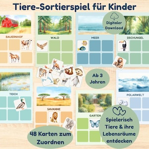 Könnte beinhalten: Ein Lernspiel für Kinder mit Aquarellillustrationen von Tieren und ihren Lebensräumen. Das Spiel enthält Karten mit Bildern von Bauernhof, Wald, Meer, Dschungel, Teich, Savanne, Garten und Polarwelt. Der Text lautet "Digitaler Download" und "48 Karten zum Zuordnen".