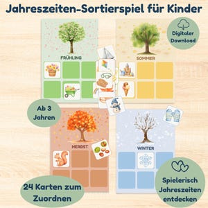 Puede incluir: Un juego educativo para niños con cuatro escenas estacionales: primavera, verano, otoño e invierno. Cada escena presenta un árbol e imágenes coincidentes. El juego incluye el texto "Descarga digital" y "A partir de 3 años".