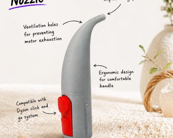 May include: A gray Dyson Ultra-Compact Nozzle featuring an 8mm nozzle tip, ventilation holes, and an ergonomic body with two red buttons. The text on the image reads: Dyson Ultra-Compact Nozzle, Ultra-Compact 8mm nozzle for impossible gaps, Ventilation holes for preventing motor exhaustion, Ergonomic design for comfortable handle, Compatible with Dyson click and go system.