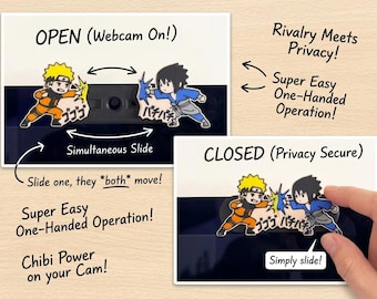 May include: A webcam privacy cover featuring two chibi-style anime characters, one in orange and one in blue, positioned to slide over a camera lens. The text reads OPEN (Webcam On!), CLOSED (Privacy Secure), Rivalry Meets Privacy!, Super Easy One-Handed Operation!, Simultaneous Slide, Slide one, they *both* move!, Simply slide!, and Chibi Power on your Cam!