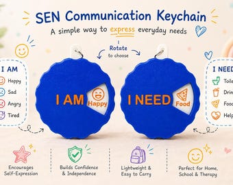 May include: Blue SEN Communication Keychain with the text "I AM Happy" and "I NEED Food". The keychain is designed to help express everyday needs. It includes options for feelings and needs.
