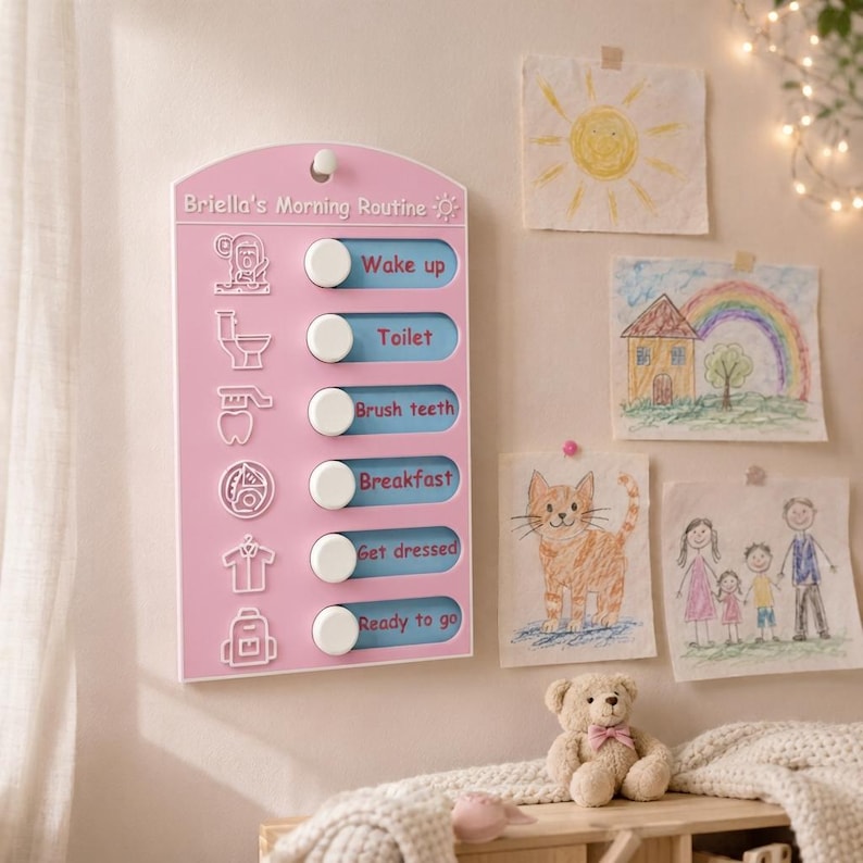 May include: A pink wall-mounted routine chart titled Briella's Morning Routine with six white sliding buttons. Each row features a white icon and text including Wake up, Toilet, Brush teeth, Breakfast, Get dressed, and Ready to go.