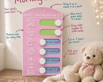 May include: A pink morning routine board with white sliding toggles and white line-art icons for daily tasks. The board features text labels including Briella's Morning Routine, Brush teeth, Breakfast, Get dressed, and Ready to go. The design includes a top hole for hanging and a flat base for standing on a shelf.