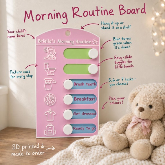 Customizable Kids Morning Routine Board | 3D Print File (STL) | Visual Schedule with Sliding Toggles