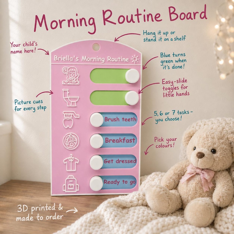 May include: A pink morning routine board with white sliding toggles and white line-art icons for daily tasks. The board features text labels including Briella's Morning Routine, Brush teeth, Breakfast, Get dressed, and Ready to go. The design includes a top hole for hanging and a flat base for standing on a shelf.
