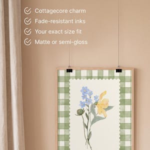 Gingham Floral Bouquet Rolled Poster | Yellow Iris & Blue Forget-Me-Nots | Wall Art | Wall Design | Home decor | Home Design