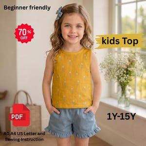 May include: A sleeveless mustard yellow top with a repeating white tulip pattern paired with blue shorts featuring a ruffled hem. Text on the image includes Beginner friendly, 70% OFF, kids Top, 1Y-15Y, PDF, and A0, A4 US Letter and Sewing Instruction.