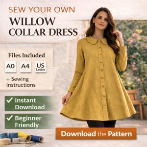 Willow Collar Dress Sewing Pattern PDF | Peter Pan Collar Dress Pattern | Long Sleeve Button Front Dress | Modest Church Dress Trapeze Dress