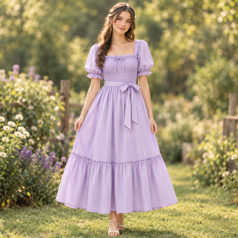 PDF-sömnadsmönster för Cherry Cottagecore-klänning, nybörjarklänning med smock och puffärm, fyrkantig halsringning, boho, vintage, volang, vårklänning bild 5