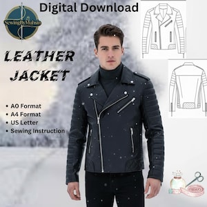 Op de afbeelding: Een zwarte leren jas met een diagonale rits, gewatteerde schouder- en elleboogdetails en zilverkleurige hardware. De afbeelding bevat ook een lijntekening van de jas en de tekst "Digital Download" en "LEATHER JACKET".