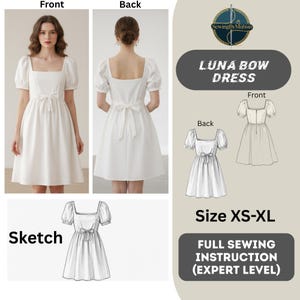 Luna Bow Detail Midi Dress pdf pattern | Women's Puff Sleeve Dress | summer Bow dress | Spring luna bow pattern | Light dress for summer.