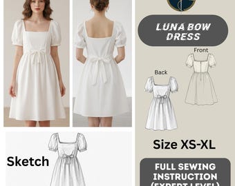 Luna midiklänning med rosett i pdf-mönster | Damklänning med puffärm | sommarklänning med rosett | Vårklänning med luna-rosett | Lätt sommarklänning.