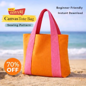May include: An orange canvas tote bag with pink straps stands on a sandy beach. The bag has the text "Canvas Tote Bag Sewing Pattern" and "Beginner Friendly Instant Download". A circular orange graphic indicates "70% OFF".