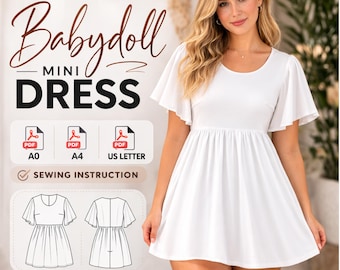Mönster för babydollklänning | Mönster för dockklänning | Minisömnadsmönster | Mönster för sommarklänning | PDF-mönster | Direktnedladdning | Klänning för kvinnor