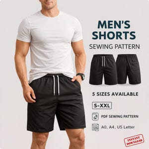 Pode incluir: Padrão de costura de calções pretos com cordão branco, mostrado em uma pessoa vestindo uma camiseta branca. A imagem inclui o texto "MEN'S SHORTS SEWING PATTERN" e "5 SIZES AVAILABLE". O padrão está disponível nos tamanhos S-XXL.