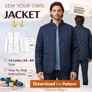 May include: A navy blue quilted jacket pattern with the text "Sew Your Own Jacket". The pattern includes US Letter and A4 sizes, step-by-step instructions, and a PDF download. The image also shows a man wearing the jacket.