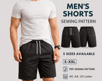 Patrón de costura en PDF para pantalones cortos de hombre, patrón para pantalones cortos de gimnasio y correr, pantalones cortos con cintura elástica, pantalones cortos deportivos de baloncesto, mini pantalones cortos DIY