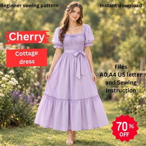 PDF-sömnadsmönster för Cherry Cottagecore-klänning, nybörjarklänning med smock och puffärm, fyrkantig halsringning, boho, vintage, volang, vårklänning bild 1