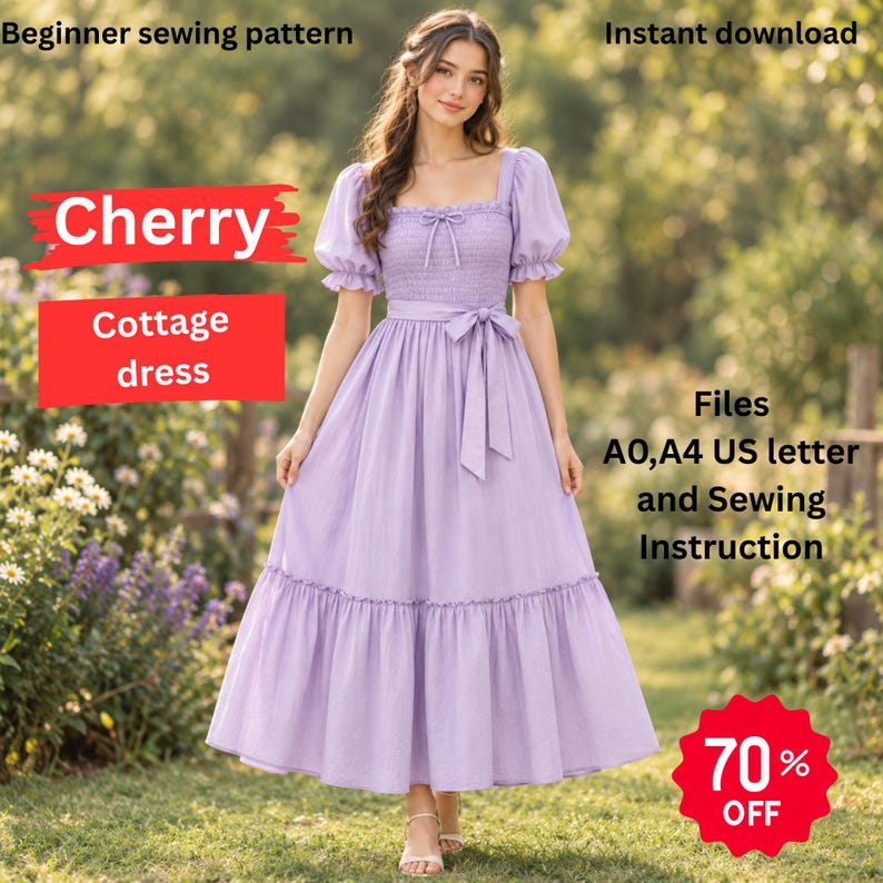 PDF-sömnadsmönster för Cherry Cottagecore-klänning, nybörjarklänning med smock och puffärm, fyrkantig halsringning, boho, vintage, volang, vårklänning bild 1