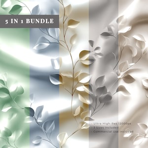 Könnte beinhalten: Ein digitales Kunstwerk mit botanischem Thema und verschwommenem Hintergrund. Das Design zeigt elegante Zweige mit Blättern in Weiß-, Gold- und Grüntönen. Der Text "5 IN 1 BUNDLE" befindet sich oben links. Zusätzlicher Text weist auf hohe Auflösung, 3 Größen und kommerzielle Nutzung hin.