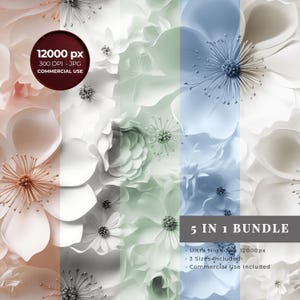 Op de afbeelding: Een digitaal bloemendesign met bloemen in wit, perzik, groen en blauw. De afbeelding bevat de tekst "12000 px, 300 DPI - JPG, COMMERCIAL USE" en "5 IN 1 BUNDLE".