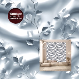 Könnte beinhalten: Ein digital erstelltes Tapetendesign mit einem sich wiederholenden Muster aus stilisierten Blättern und Zweigen in Grau- und Weißtönen. Das Bild enthält den Text "12000 px, 300 DPI - JPG, COMMERCIAL USE" und "DIGITAL DOWNLOAD".