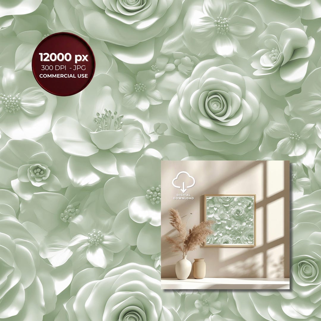 Sage Green 3D Floral Seamless Pattern | Luxury Floral Digital Paper for ...