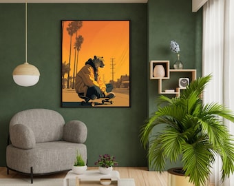 Skater Leopard Wall Art Print, Urban Street Art Decor, California Vibe Animal Illustration, Cool Aesthetic Skateboarder Poster Gift