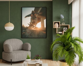 Skater Wall Art Print, Skateboarder Jumping Photography, Urban Streetwear Decor, Extreme Sports Poster, Dynamic Skater Aesthetic Art