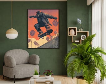 Skater Bear Wall Art Print, Retro Animal Skateboard Poster, Urban Street Art Decor, Vintage Grizzly Bear Riding Skateboard for Him