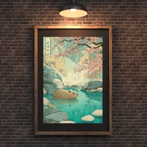 Capybara Cherry Blossom Art Print | Japanese River Landscape | Zen ...