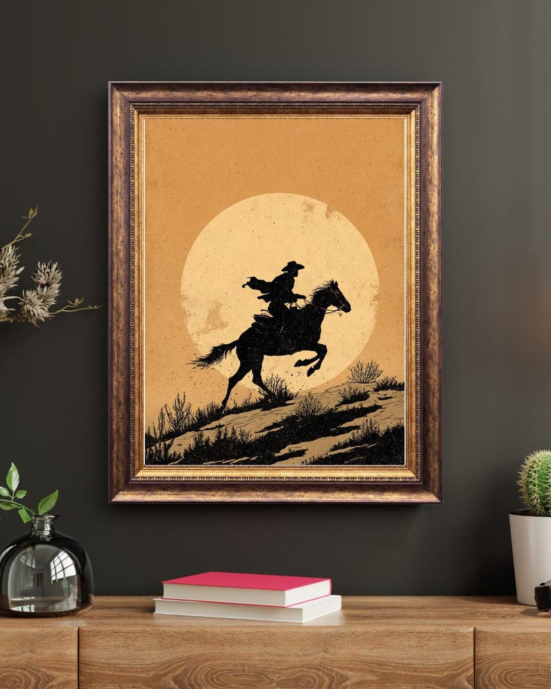Cowboy Silhouette Art Print | Wild West Horse Rider Poster | Western ...
