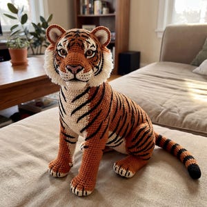 May include: A crocheted tiger toy with orange and black stripes, white details, and a fluffy white mane. The handmade tiger is positioned on a beige surface, displaying its detailed features and realistic design.