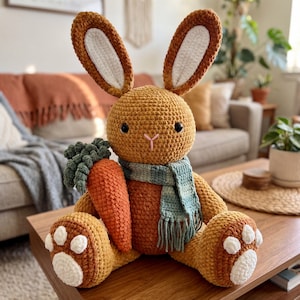May include: A large, handmade crochet bunny in shades of brown, orange, and white. The bunny has long ears, a blue and green scarf, and is holding a carrot. The bunny's feet have white paw pads. A charming, soft toy.