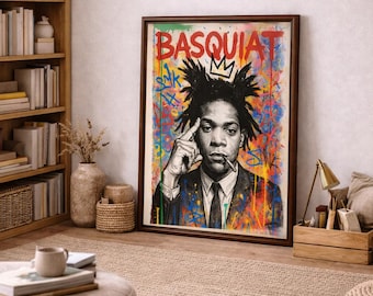 Basquiat-Inspired Graffiti Wall Art, Neo-Expressionist Portrait (Digital Download)
