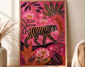 Pink Folk Art Tiger Wall Art Print, Floral Animal Poster, Maximalist Jungle Decor, Whimsical Safari Nursery Art