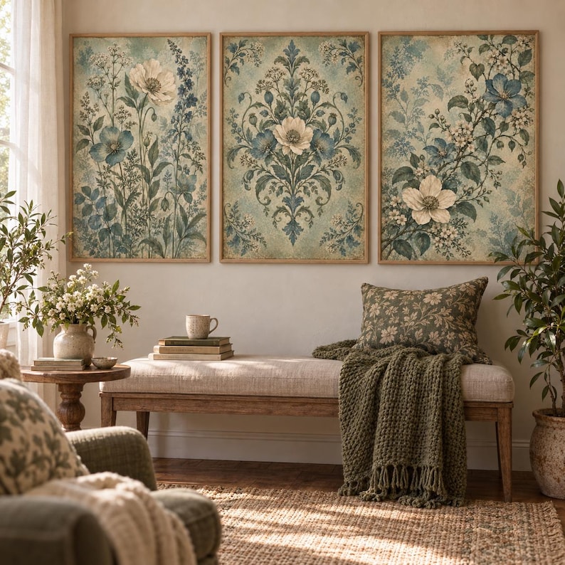 Blue Floral Wall Art Set of 3, Vintage Botanical Tapestry Prints, Teal ...