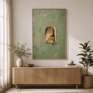 Woman Reading in Window Print, Sage Green Reading Nook Wall Art Print, Book Lover Poster, Mediterranean Slow Living Decor image 5
