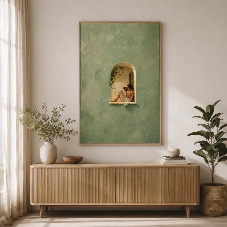 Woman Reading in Window Print, Sage Green Reading Nook Wall Art Print, Book Lover Poster, Mediterranean Slow Living Decor image 5