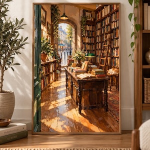 Può includere: Una stampa d'arte da parete incorniciata che raffigura l'interno di una libreria illuminata dal sole, con alti scaffali in legno pieni di libri, un tavolo centrale in legno scuro con libri aperti, una lampada da banchiere verde e una scala.