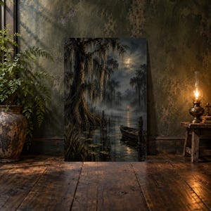 May include: A rectangular wall art print depicting a dark, misty swamp landscape at night. A large, moss-draped tree stands on the left bank, while a small wooden boat floats on the calm, dark water under a glowing full moon in the sky.
