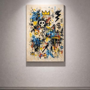May include: Abstract art piece featuring a skull, crowns, and various symbols in black, yellow, blue, and red on a cream-colored background. The artwork is displayed on a wall.