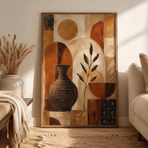 Può includere: Un'opera d'arte da parete rettangolare incorniciata che presenta una composizione astratta di forme geometriche, un vaso scuro testurizzato con motivi intricati e un singolo ramo frondoso in tonalità terracotta, beige, marrone e nero.