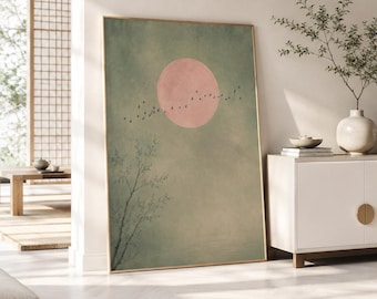 Japandi Poster,Salbei Rosa Mond Japandi,Gerahmte Vogelschwarm Druck,japandi Mond Wandkunst,Japanischer Druck,Japandi Wandkunst,Wabi Sabi Dekor