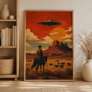 Könnte beinhalten: Ein gerahmter Kunstdruck, der einen Cowboy zu Pferd in einer Wüstenlandschaft mit Rindern, einer großen orangefarbenen Sonne und einer fliegenden Untertasse am roten Himmel zeigt. Die Szene umfasst felsige Mesas und Wolken.