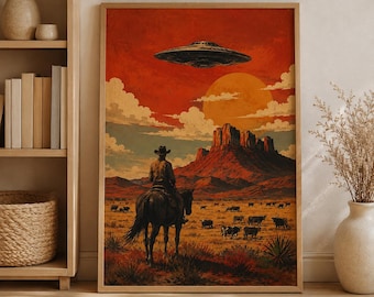 May include: A framed wall art print depicting a cowboy on horseback in a desert landscape with cattle, a large orange sun, and a flying saucer in a red sky. The scene features rocky mesas, clouds, and desert vegetation in warm tones.